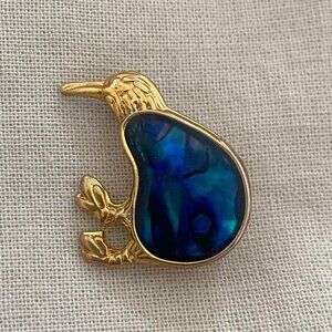 2/$15 Kiwi Bird Paua Shell Inlay Gold Brooch‎ Pin Blue